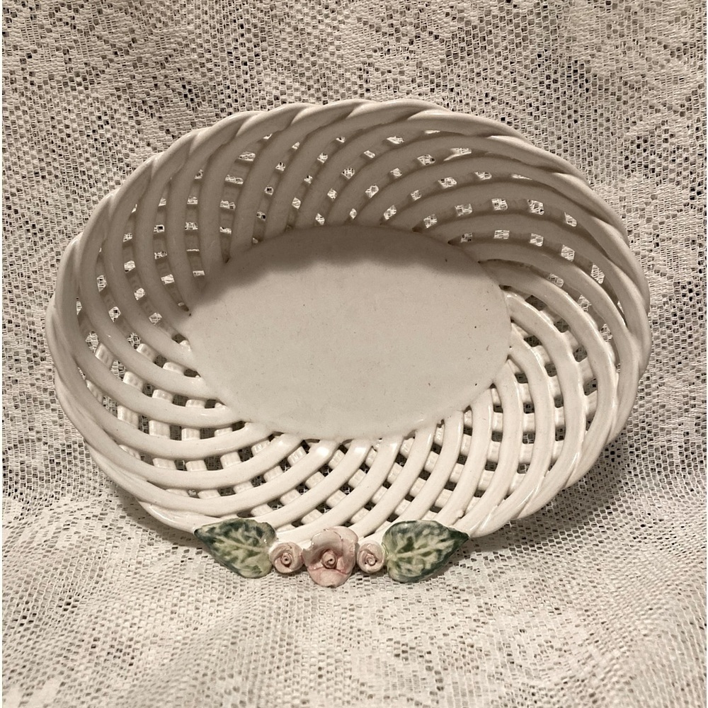 White Lattice Porcelain Bowl made in Portugal with Roses Vintage